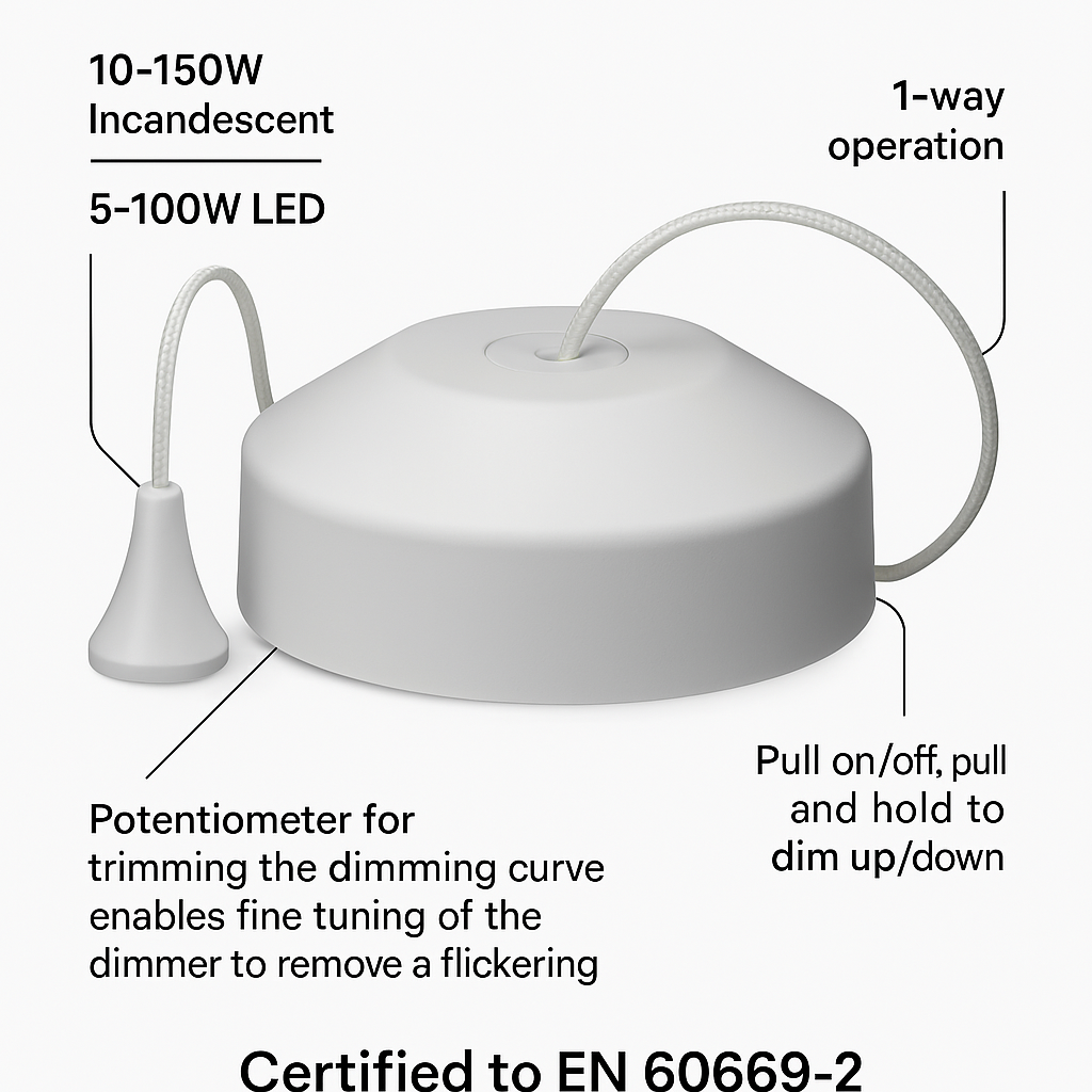 Knightsbridge: 8301MW, Matt White Trailing Edge Pull Cord Dimmer Switch, 1-Way, 10-150W Incandescent, 5-100W LED, 230V