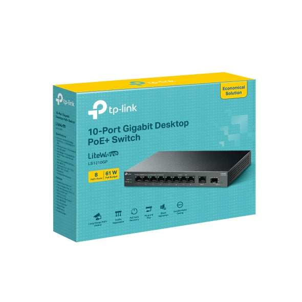 TP-Link 10-Port Gigabit PoE+ Desktop Switch with SFP – LS1210GP | 8x PoE+ Ports | 61W Budget | Plug & Play