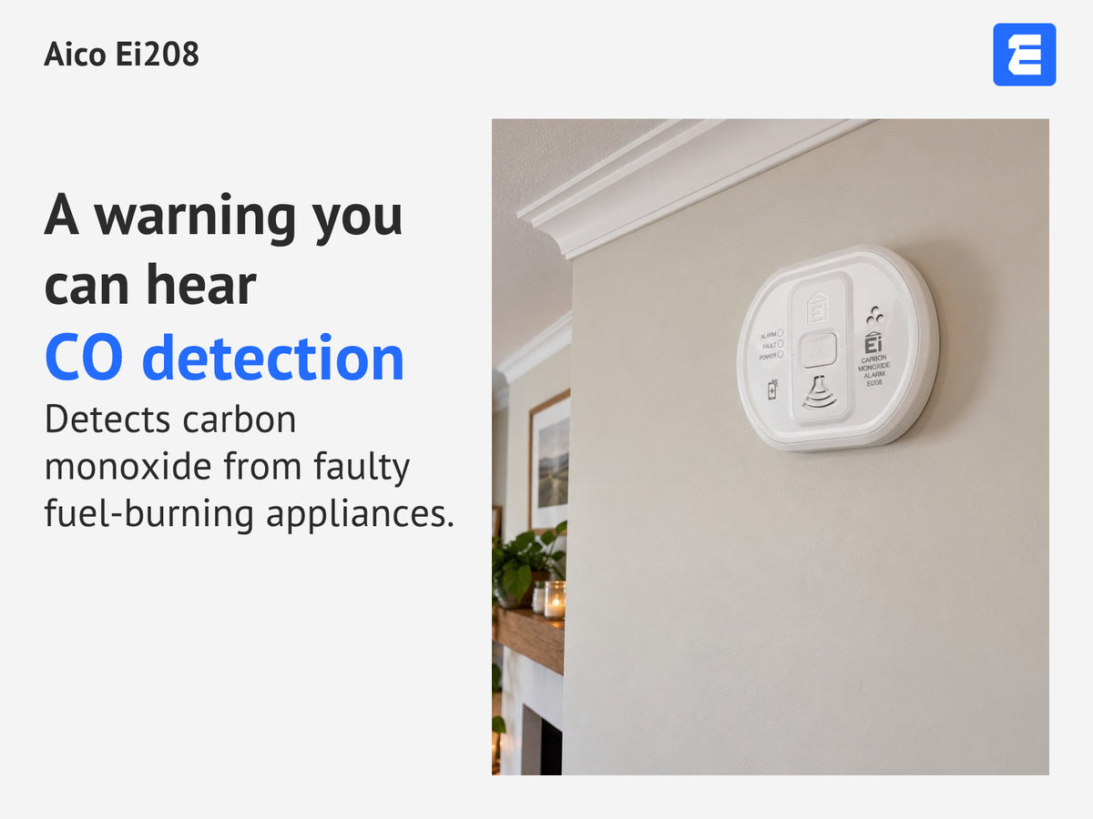 Aico Ei208 at a room with a wood-burning stove; infographic: A warning you can hear CO detection Detects carbon monoxide from faulty fuel-burning appliances.
