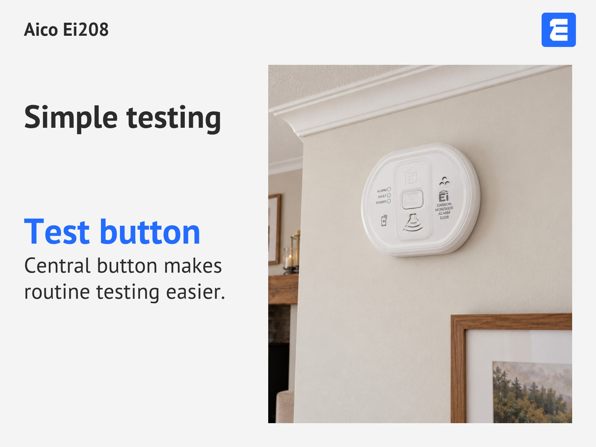 Aico Ei208 at a room with a fireplace; infographic: Simple testing Test button Central button makes routine testing easier.