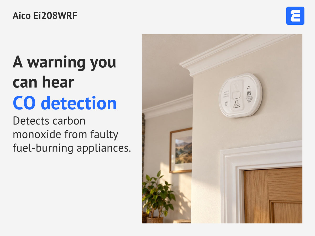 Aico Ei208WRF at a room with a wood-burning stove; infographic: A warning you can hear CO detection Detects carbon monoxide from faulty fuel-burning appliances.