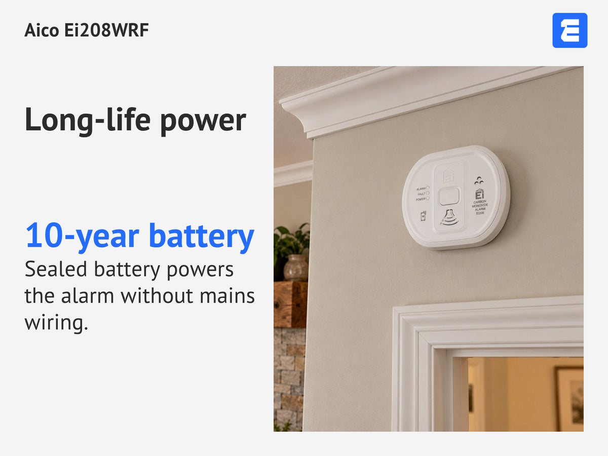 Aico Ei208WRF at a room with a fireplace; infographic: Long-life power 10-year battery Sealed battery powers the alarm without mains wiring.