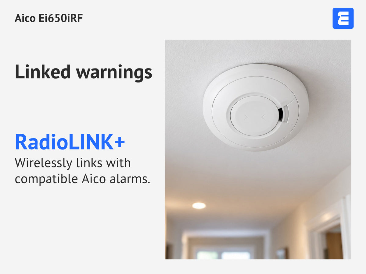 Aico Ei650iRF at a hallway ceiling; infographic: Linked warnings RadioLINK+ Wirelessly links with compatible Aico alarms.
