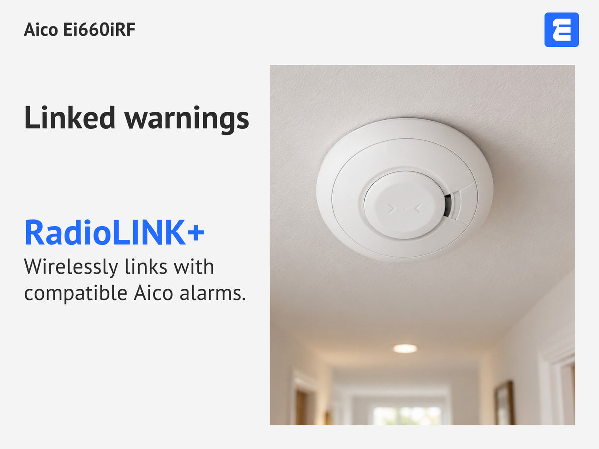 Aico Ei660iRF at a hallway ceiling; infographic: Linked warnings RadioLINK+ Wirelessly links with compatible Aico alarms.