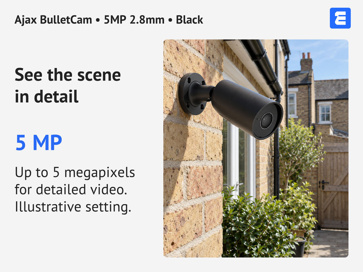 Ajax BulletCam • 5MP 2.8mm • Black infographic: See the scene in detail.