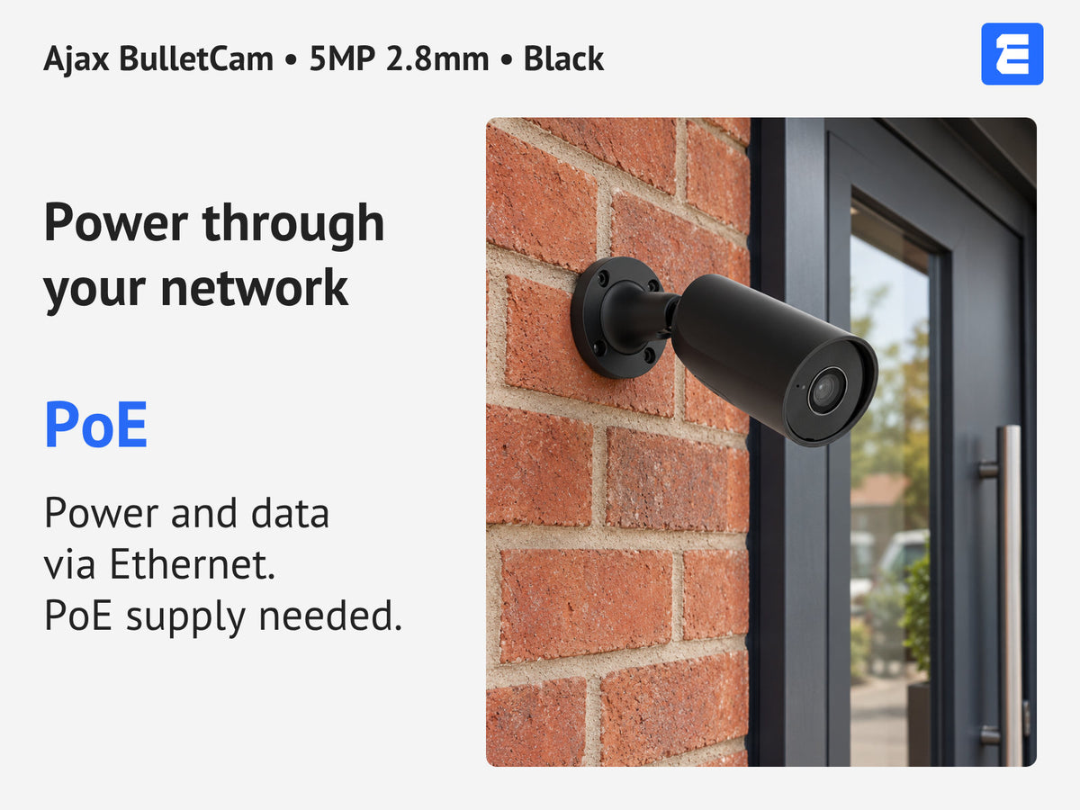 Ajax BulletCam • 5MP 2.8mm • Black infographic: Power through your network.