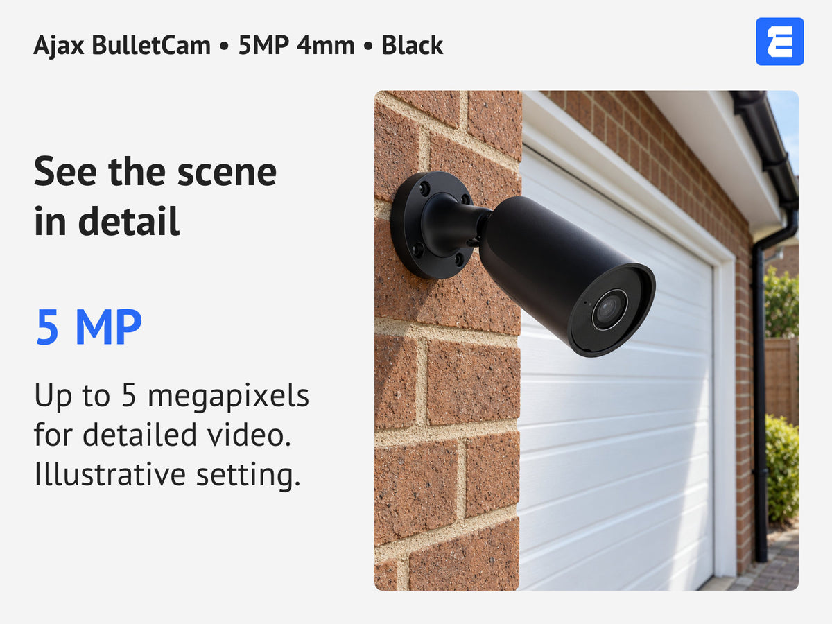 Ajax BulletCam • 5MP 4mm • Black infographic: See the scene in detail.