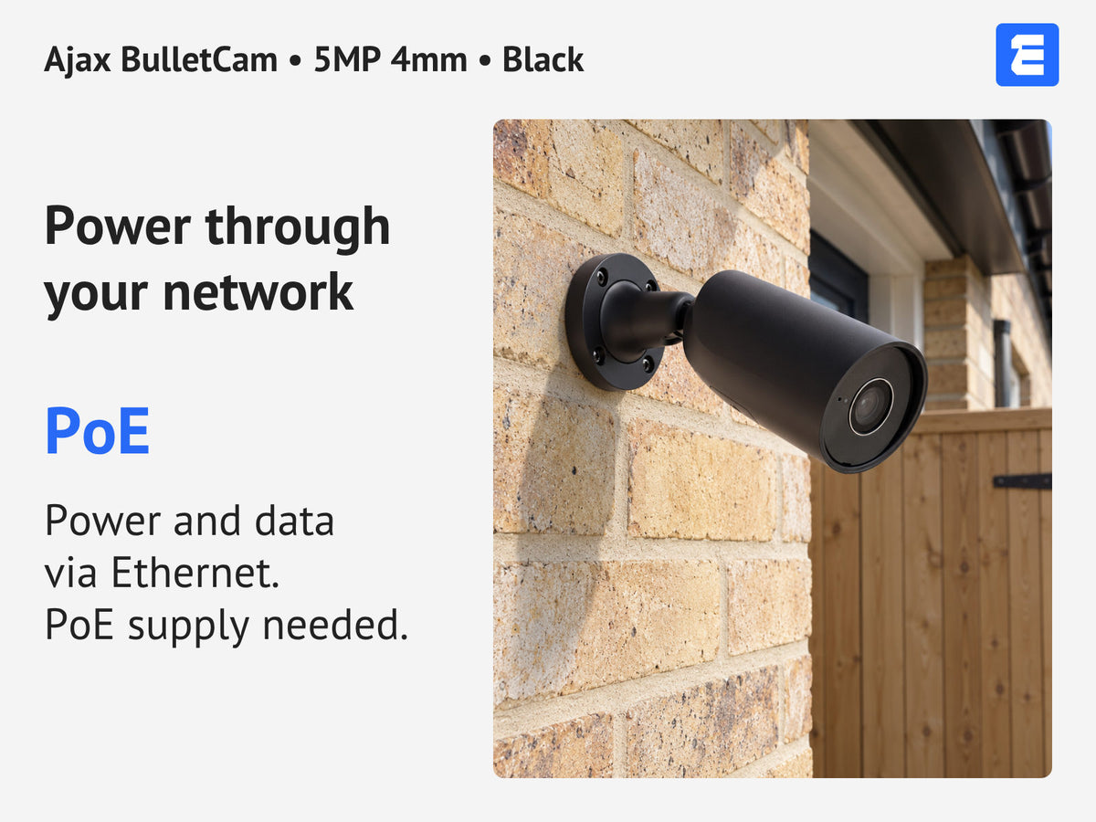 Ajax BulletCam • 5MP 4mm • Black infographic: Power through your network.