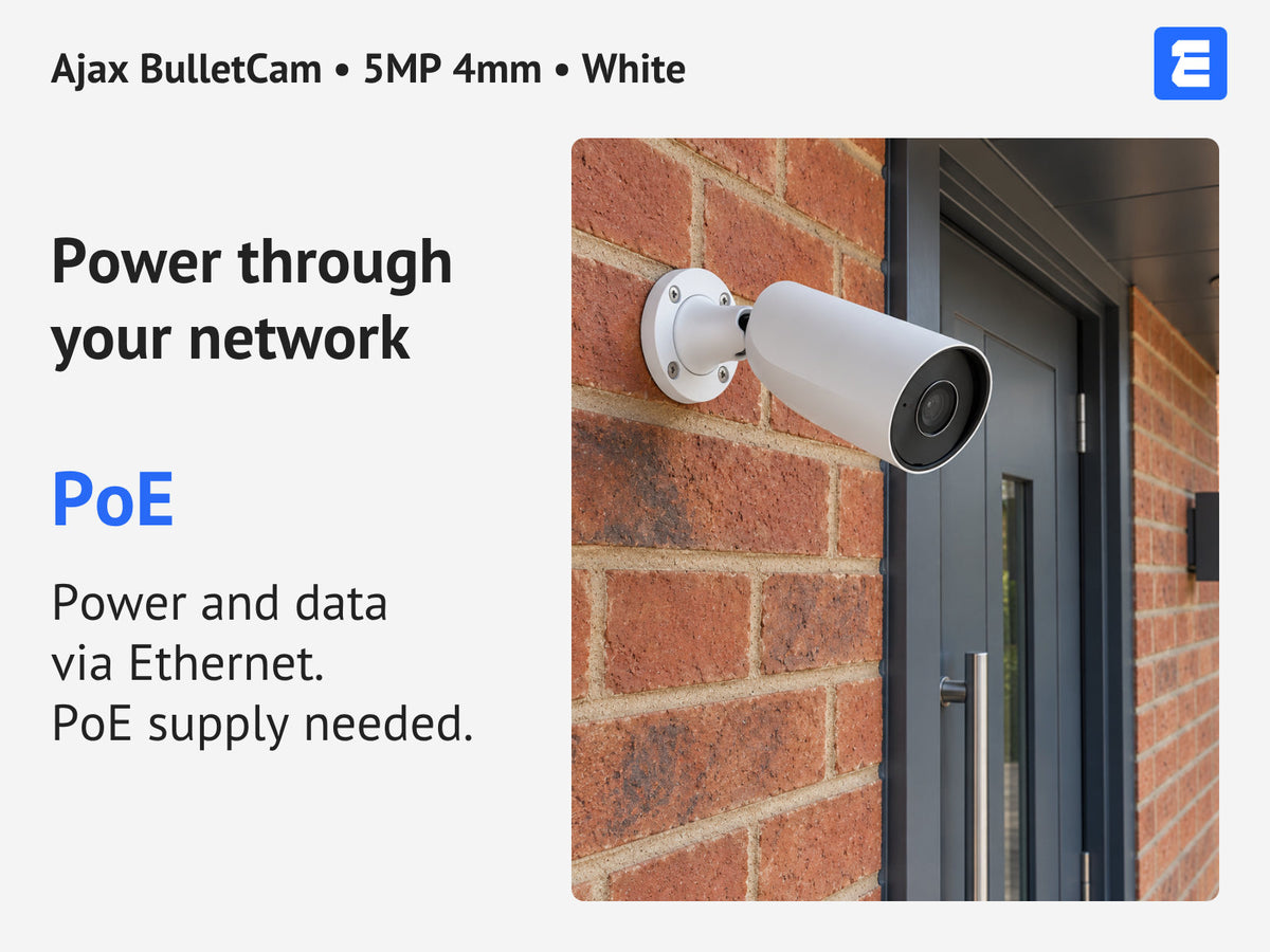 Ajax BulletCam • 5MP 4mm • White infographic: Power through your network.