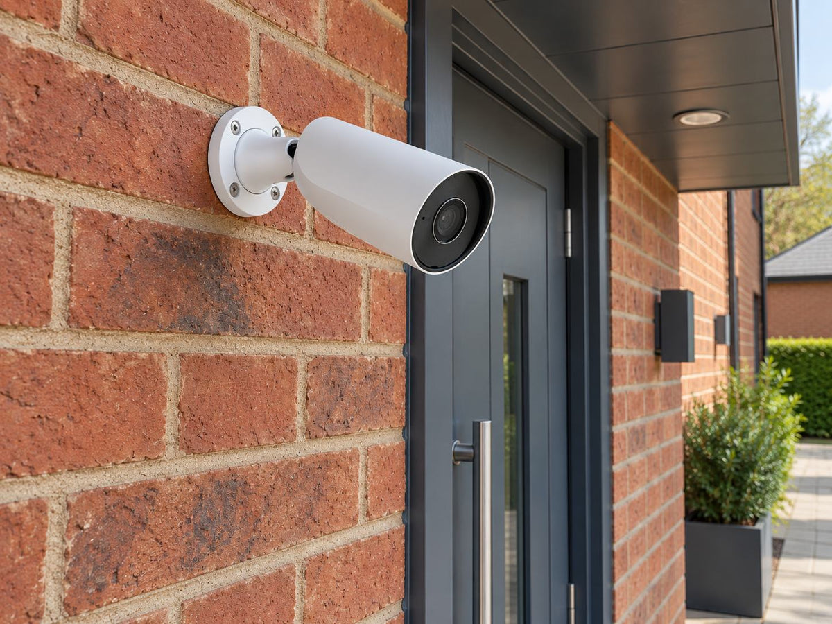 Ajax BulletCam • 5MP 4mm • White installed in British red-brick shop side entrance.