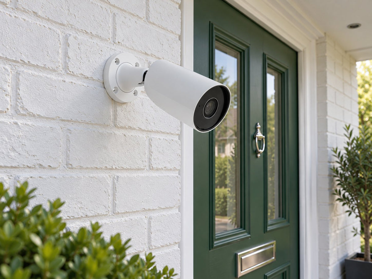 Ajax BulletCam • 5MP 4mm • White installed in British white-painted brick home entrance and a green front door.