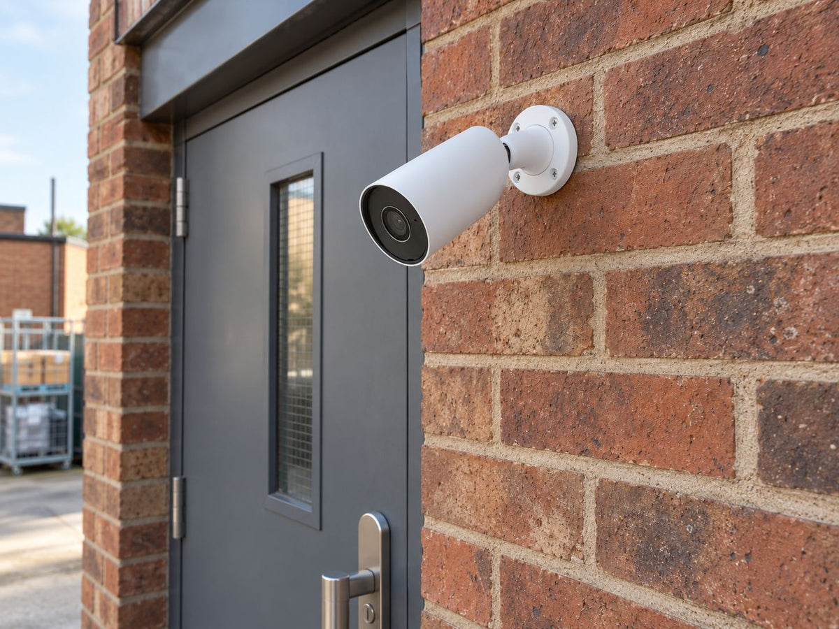 Ajax BulletCam 79028.217.WH1 installed in British independent shop service entrance.