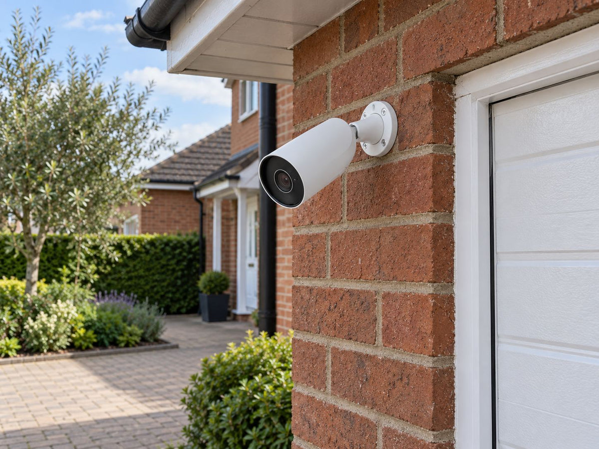 Ajax BulletCam 79028.217.WH1 installed in British red-brick home driveway.