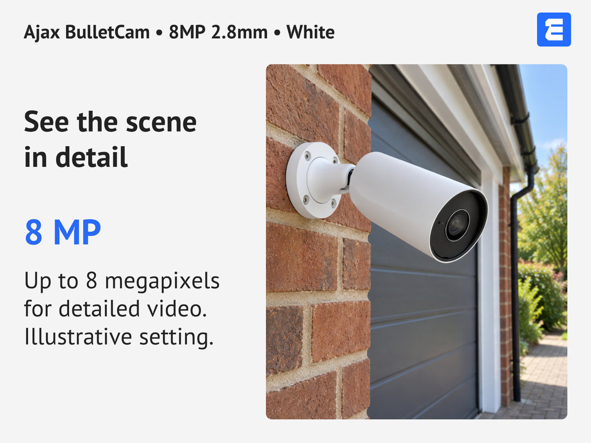 Ajax BulletCam • 8MP 2.8mm • White infographic: See the scene in detail.