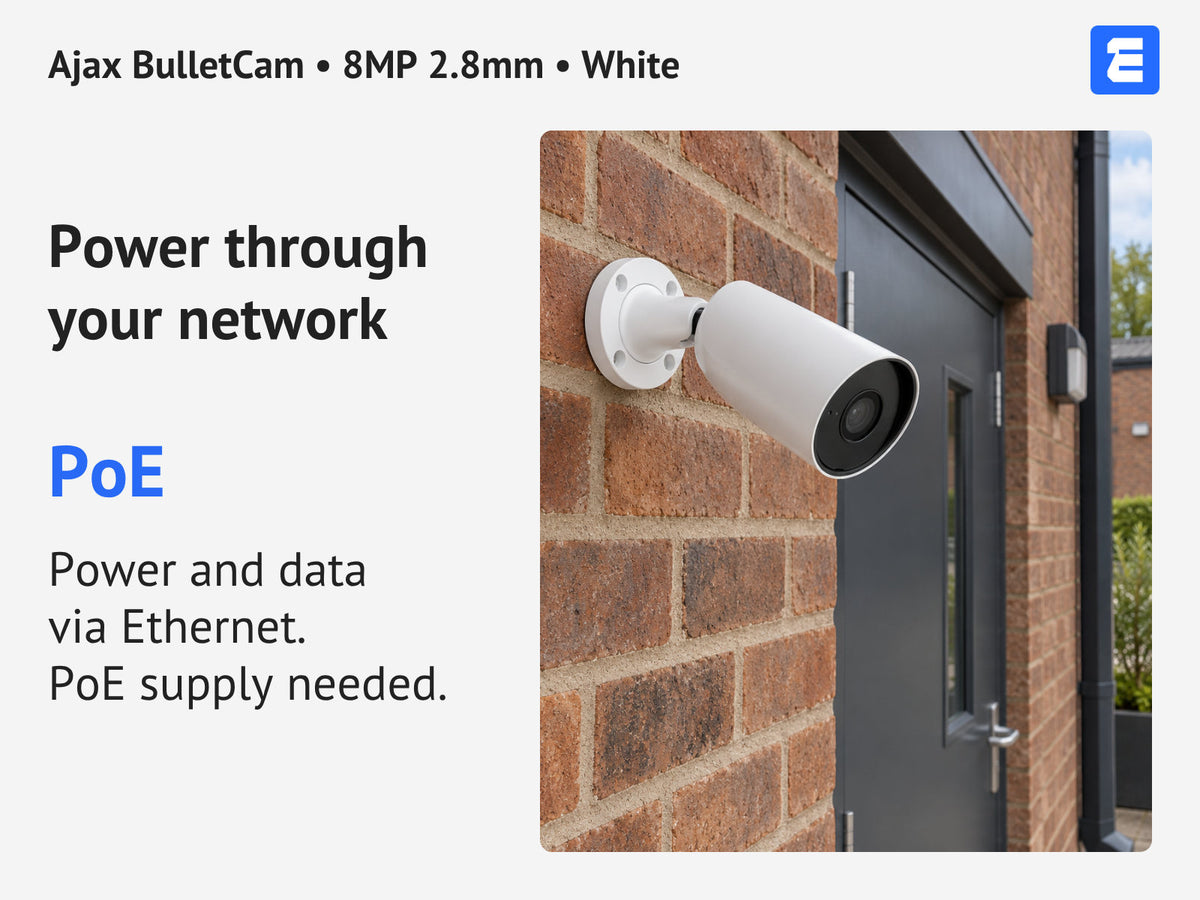 Ajax BulletCam • 8MP 2.8mm • White infographic: Power through your network.