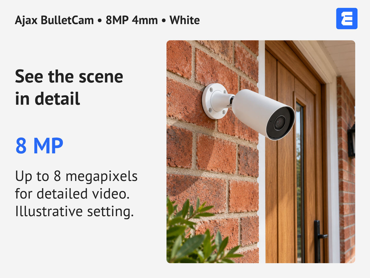 Ajax BulletCam • 8MP 4mm • White infographic: See the scene in detail.