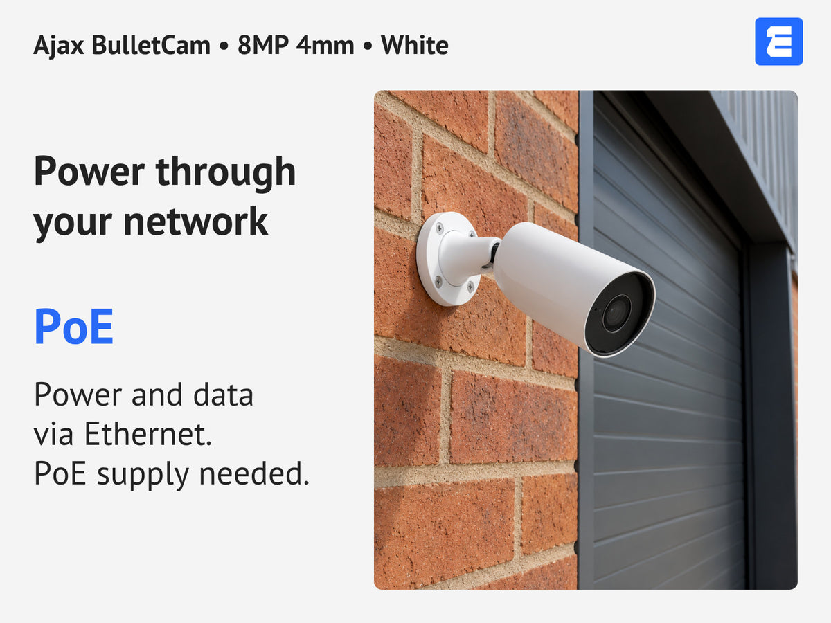 Ajax BulletCam • 8MP 4mm • White infographic: Power through your network.
