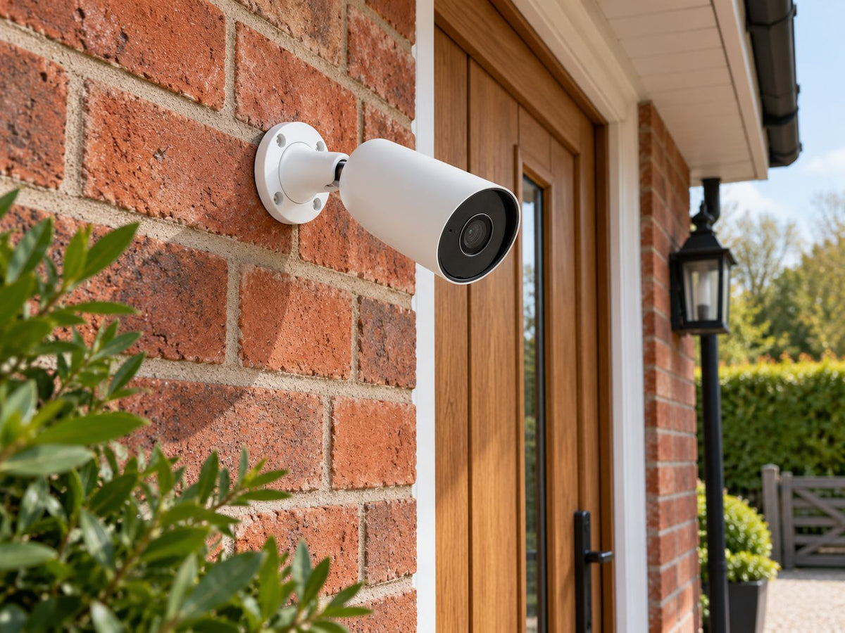 Ajax BulletCam • 8MP 4mm • White installed in British rural home red-brick entrance.