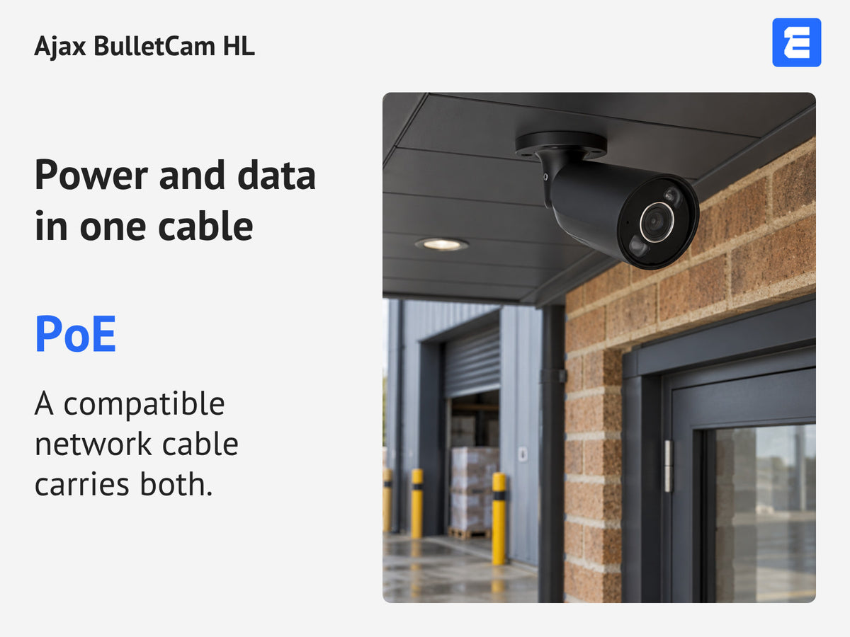 Ajax BulletCam HL — Power and data in one cable: PoE. A compatible network cable carries both.