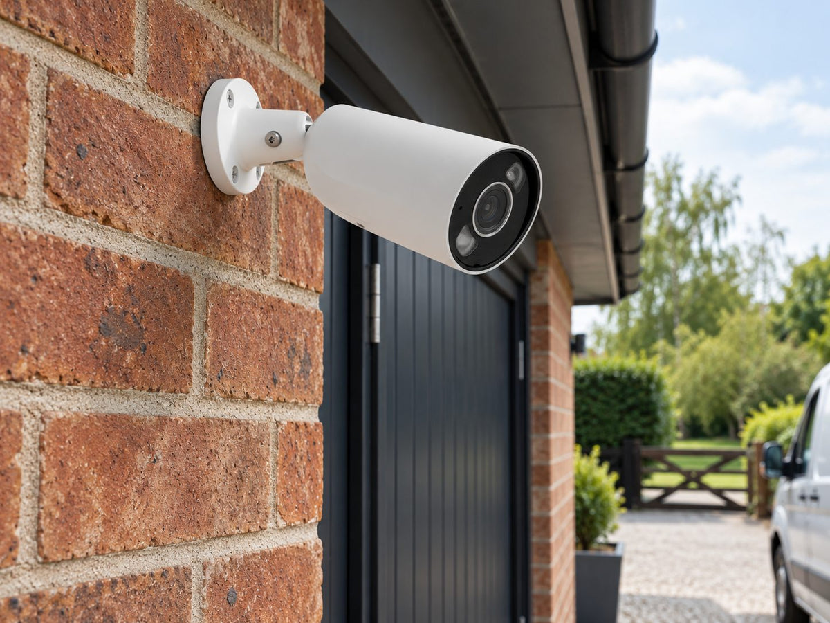 Ajax BulletCam HL • 5MP 2.8mm • White installed in small British workshop service entrance.