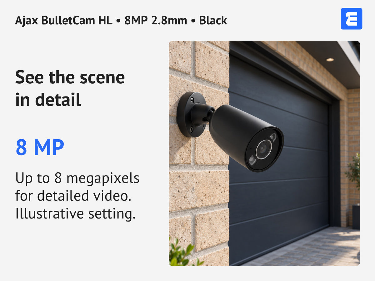 Ajax BulletCam HL • 8MP 2.8mm • Black infographic: See the scene in detail.