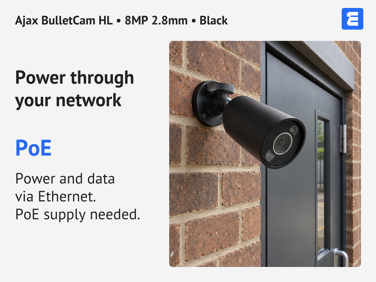 Ajax BulletCam HL • 8MP 2.8mm • Black infographic: Power through your network.