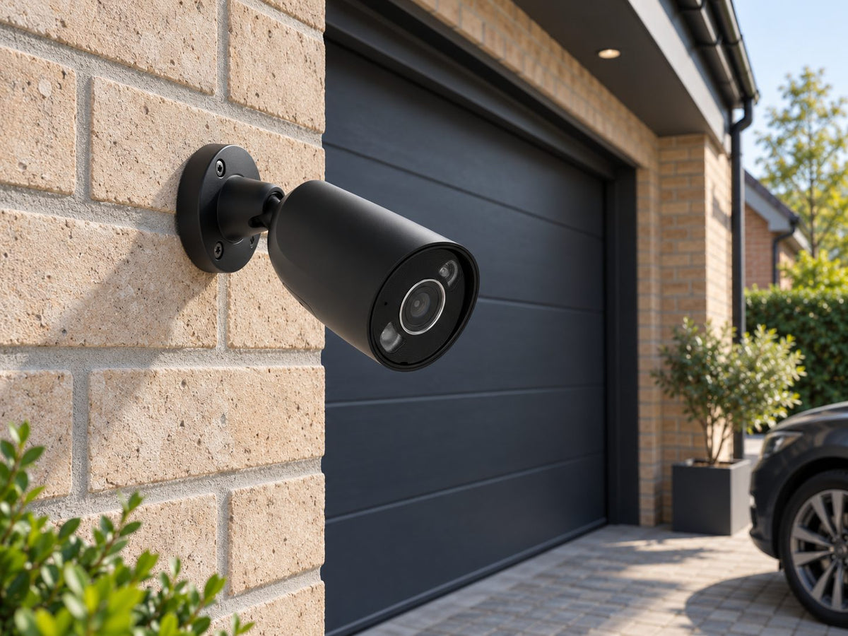 Ajax BulletCam HL • 8MP 2.8mm • Black installed in British contemporary home driveway.