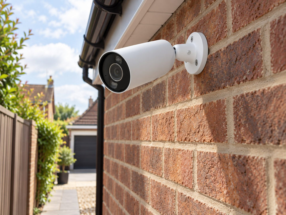 Ajax BulletCam HL • 8MP 2.8mm • White installed in British detached-home side passage.