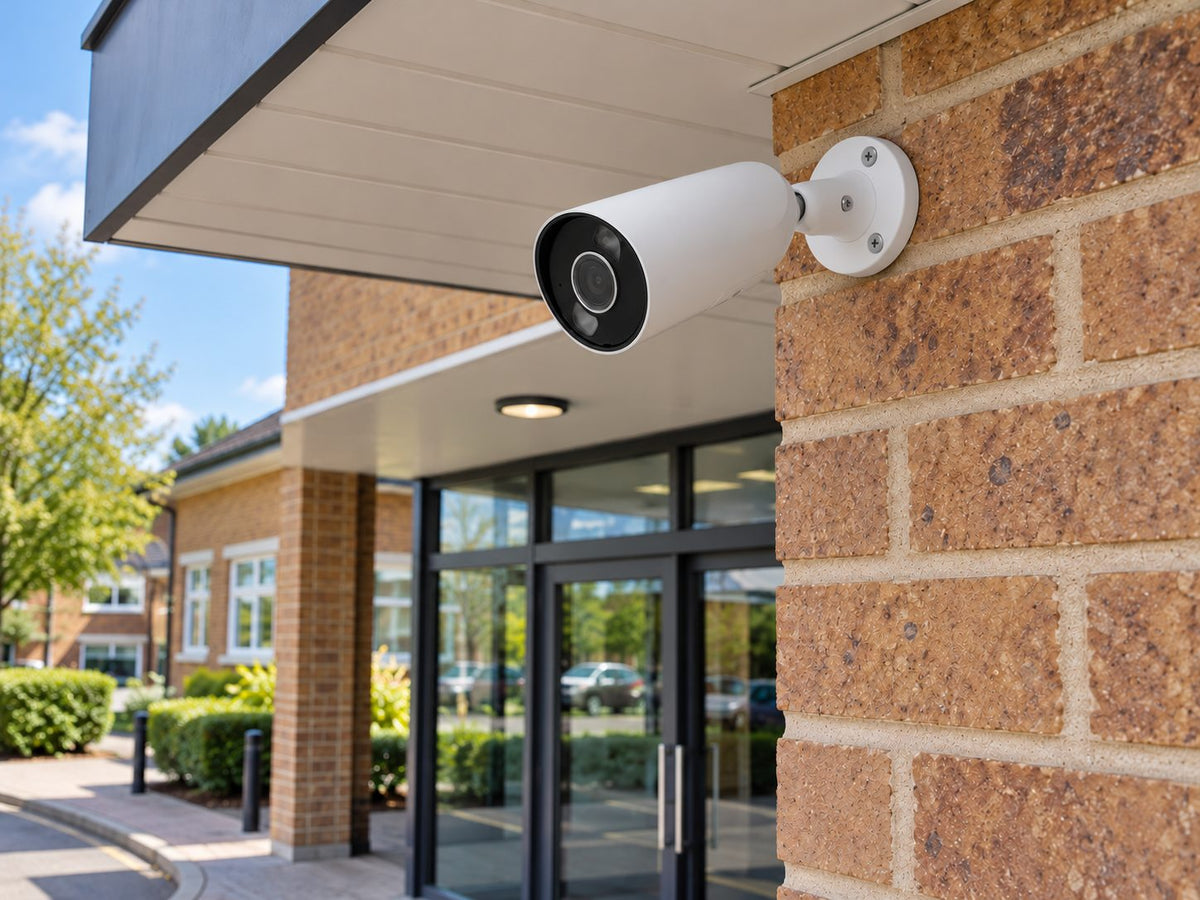 Ajax BulletCam HL • 8MP 4mm • White installed in British school administrative entrance.