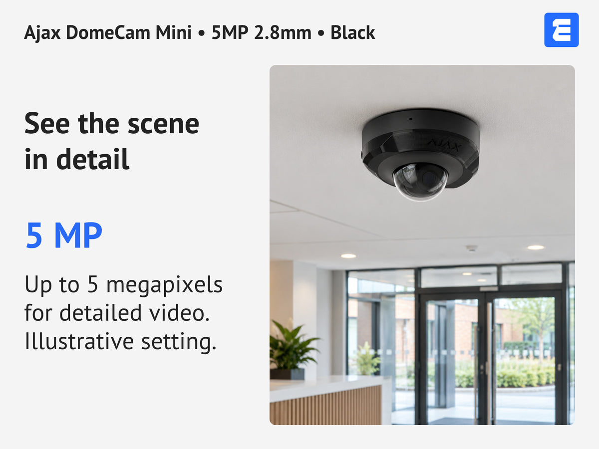 Ajax DomeCam Mini • 5MP 2.8mm • Black infographic: See the scene in detail.