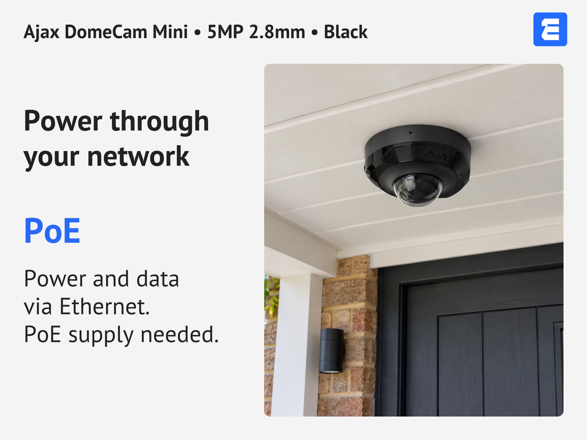 Ajax DomeCam Mini • 5MP 2.8mm • Black infographic: Power through your network.