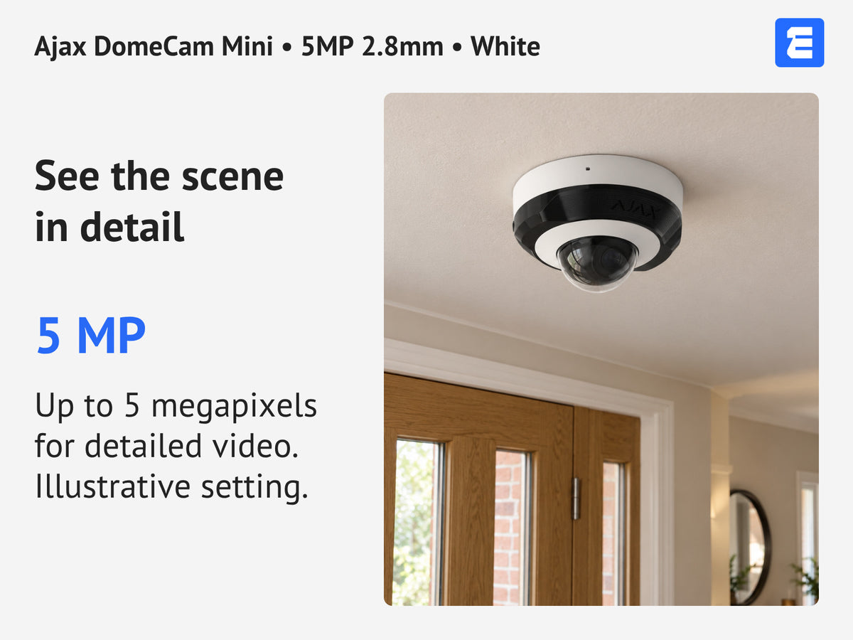 Ajax DomeCam Mini • 5MP 2.8mm • White infographic: See the scene in detail.