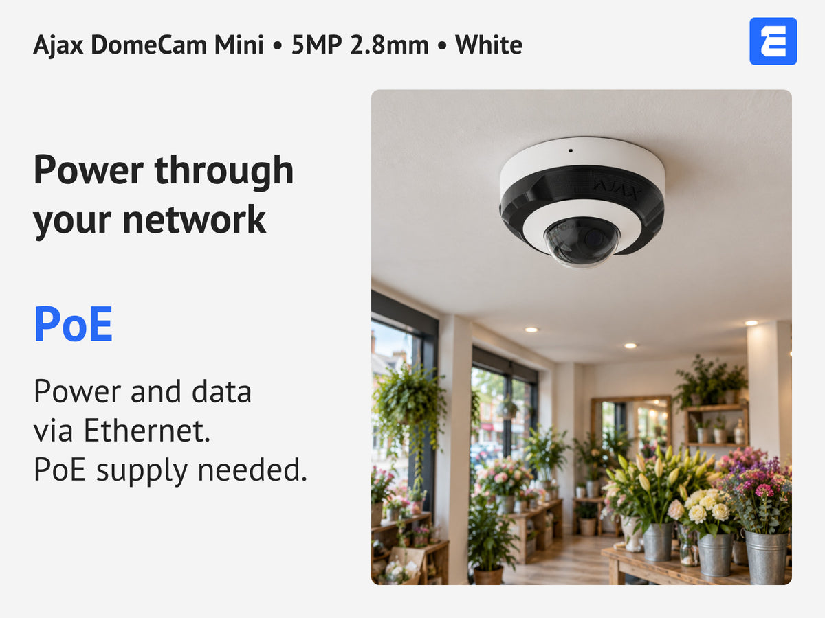 Ajax DomeCam Mini • 5MP 2.8mm • White infographic: Power through your network.