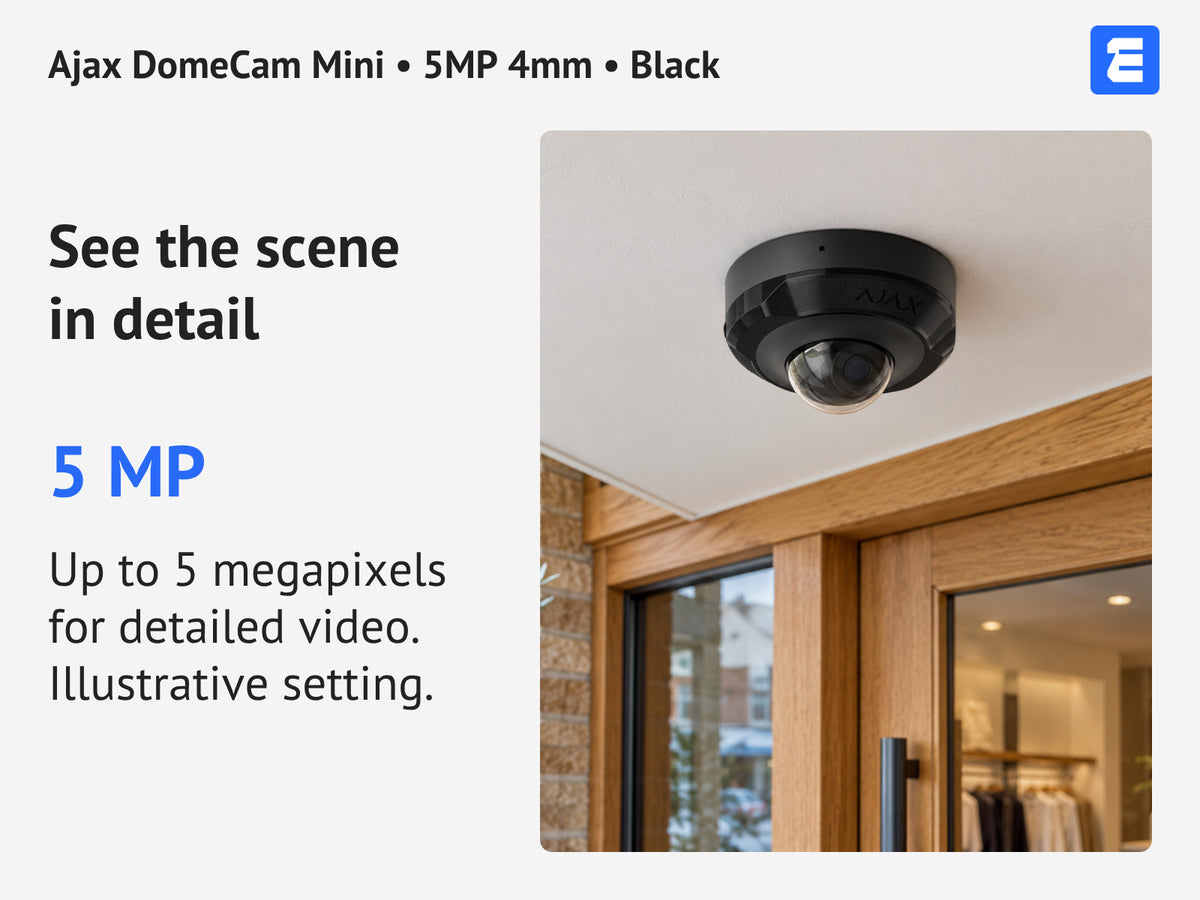 Ajax DomeCam Mini • 5MP 4mm • Black infographic: See the scene in detail.