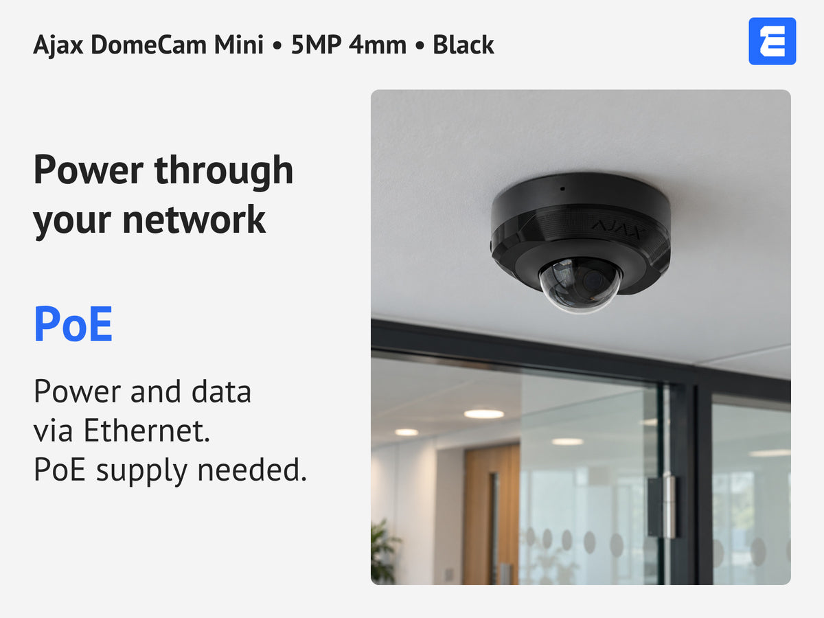 Ajax DomeCam Mini • 5MP 4mm • Black infographic: Power through your network.