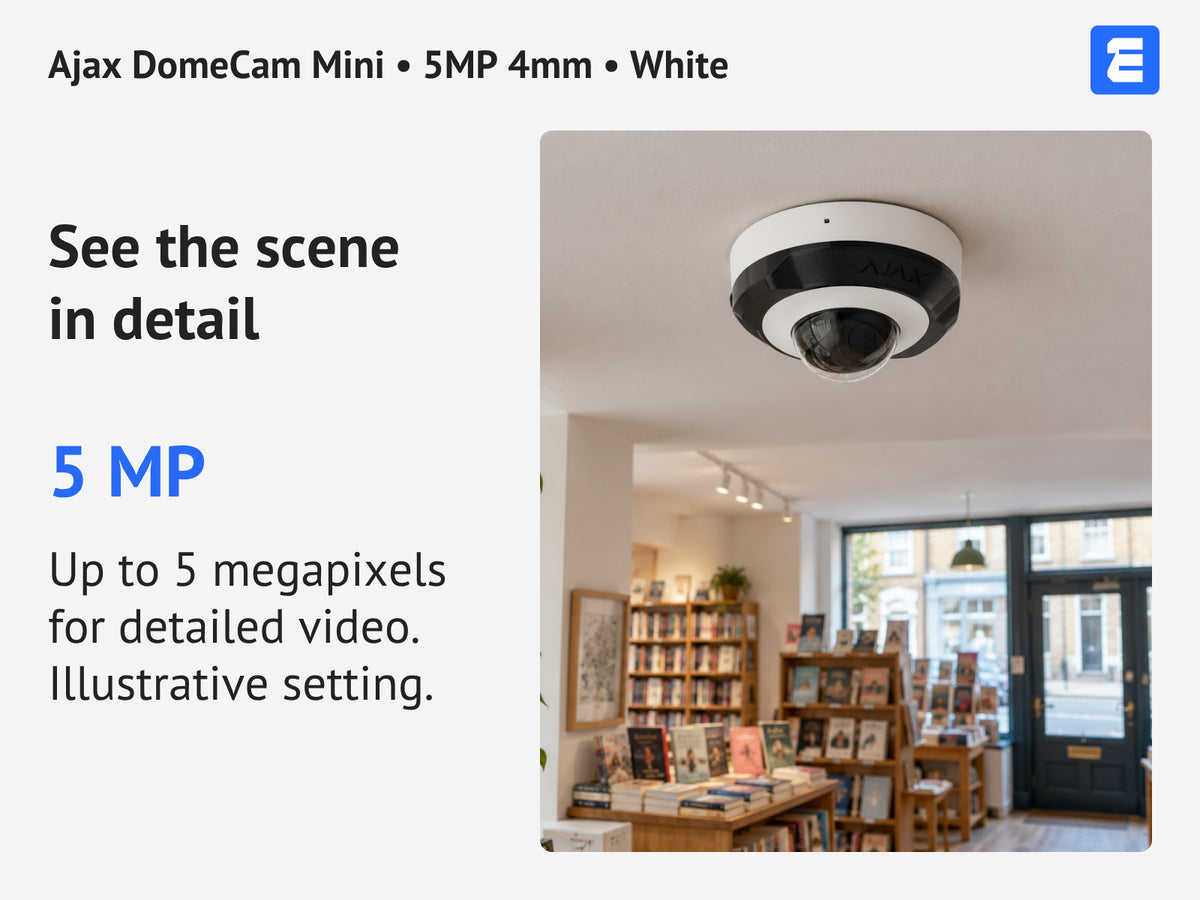 Ajax DomeCam Mini • 5MP 4mm • White infographic: See the scene in detail.