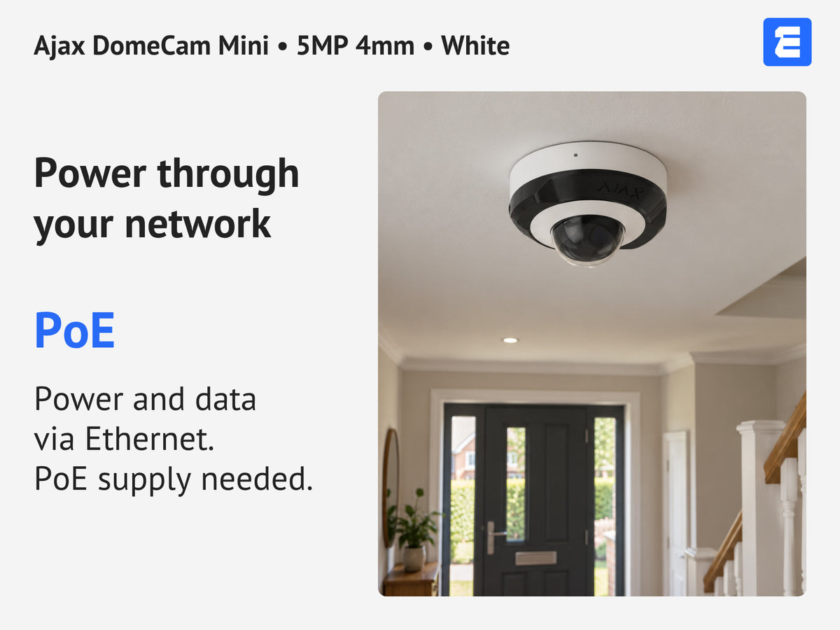 Ajax DomeCam Mini • 5MP 4mm • White infographic: Power through your network.