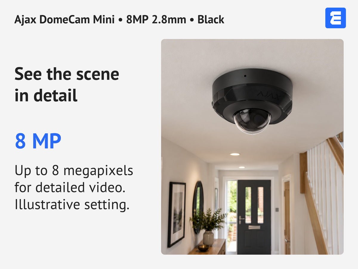 Ajax DomeCam Mini • 8MP 2.8mm • Black infographic: See the scene in detail.