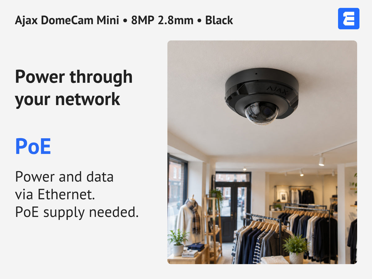 Ajax DomeCam Mini • 8MP 2.8mm • Black infographic: Power through your network.