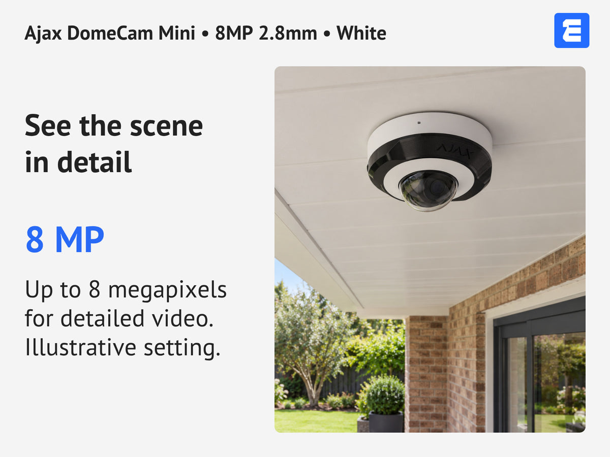 Ajax DomeCam Mini • 8MP 2.8mm • White infographic: See the scene in detail.
