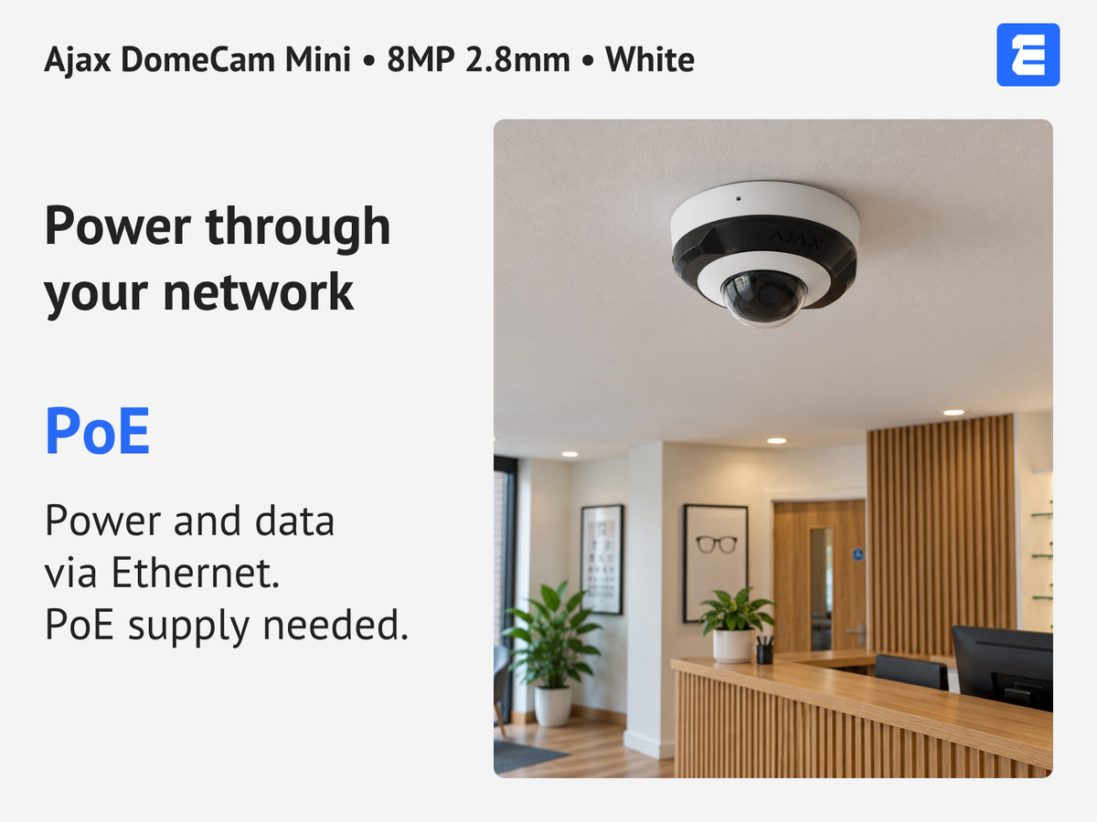 Ajax DomeCam Mini • 8MP 2.8mm • White infographic: Power through your network.