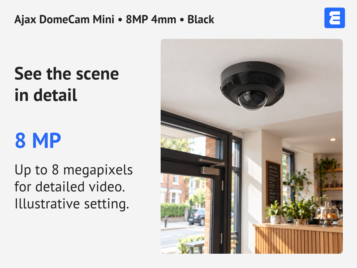 Ajax DomeCam Mini • 8MP 4mm • Black infographic: See the scene in detail.