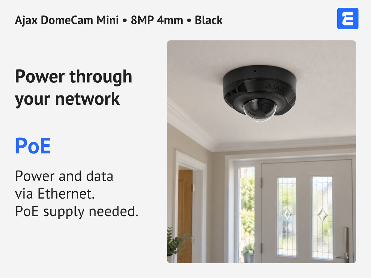 Ajax DomeCam Mini • 8MP 4mm • Black infographic: Power through your network.
