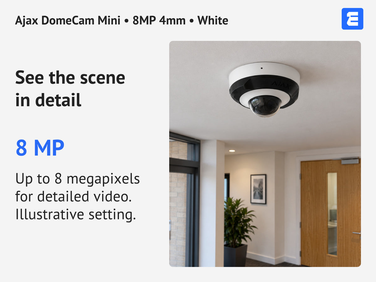 Ajax DomeCam Mini • 8MP 4mm • White infographic: See the scene in detail.