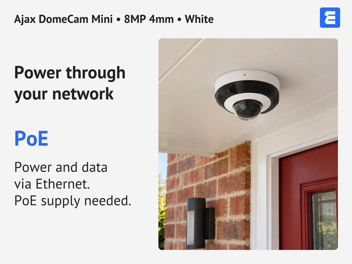 Ajax DomeCam Mini • 8MP 4mm • White infographic: Power through your network.