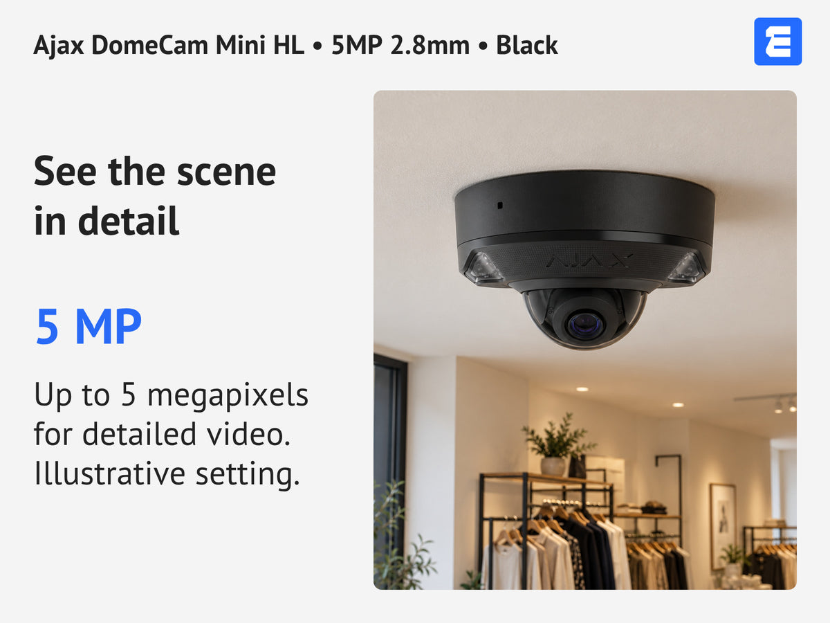 Ajax DomeCam Mini HL • 5MP 2.8mm • Black infographic: See the scene in detail.