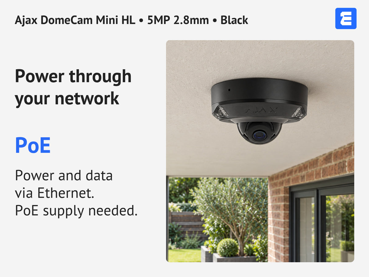 Ajax DomeCam Mini HL • 5MP 2.8mm • Black infographic: Power through your network.