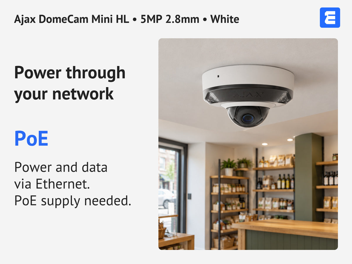 Ajax DomeCam Mini HL • 5MP 2.8mm • White infographic: Power through your network.