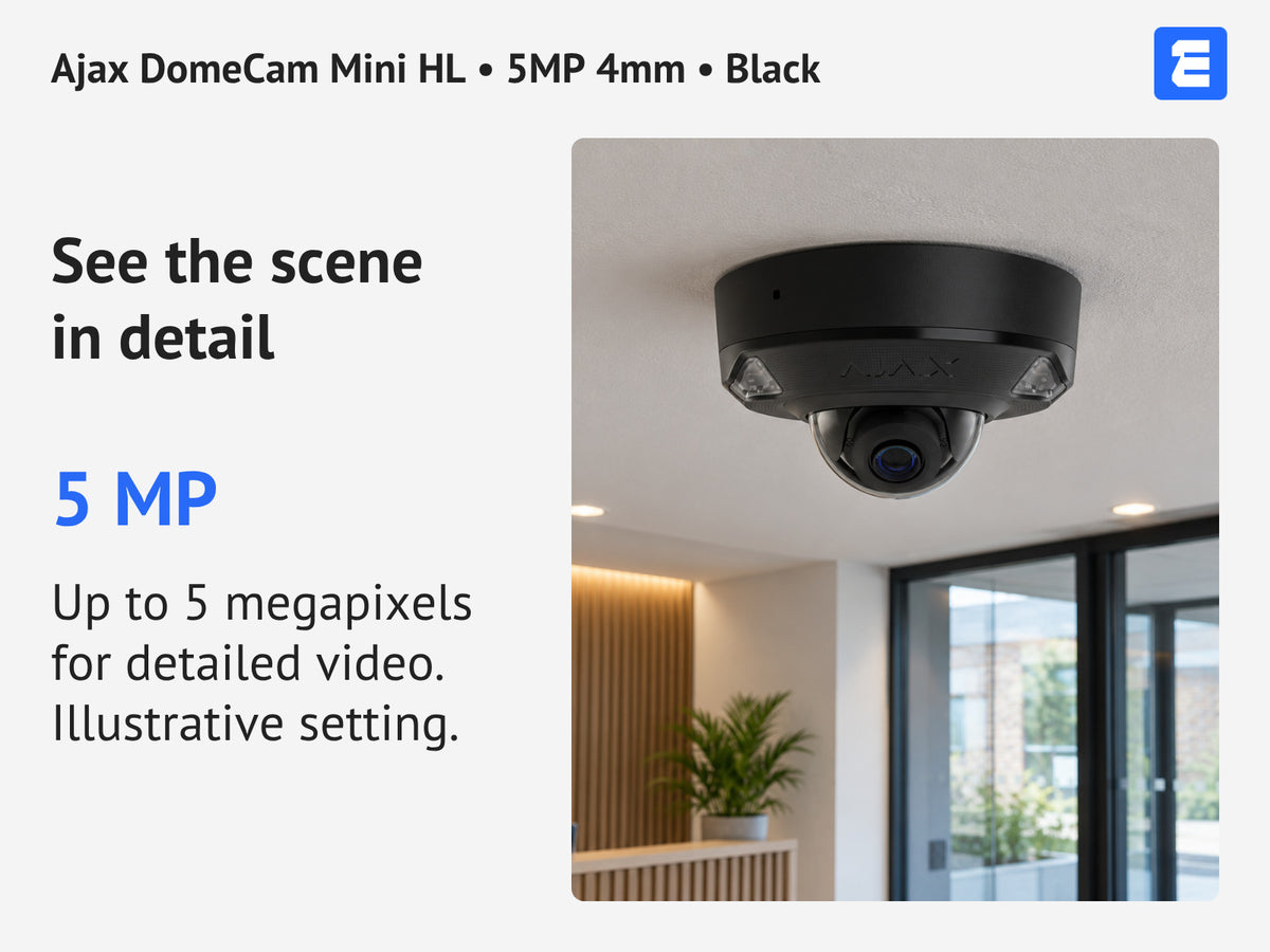 Ajax DomeCam Mini HL • 5MP 4mm • Black infographic: See the scene in detail.