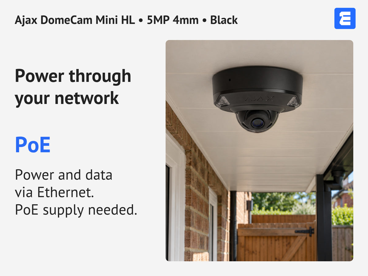 Ajax DomeCam Mini HL • 5MP 4mm • Black infographic: Power through your network.